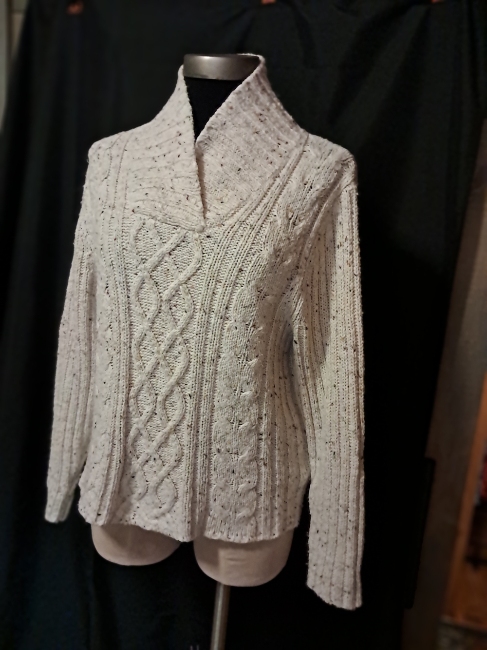 dressbarn Cream Cable Knit Shawl-Collar Pullover